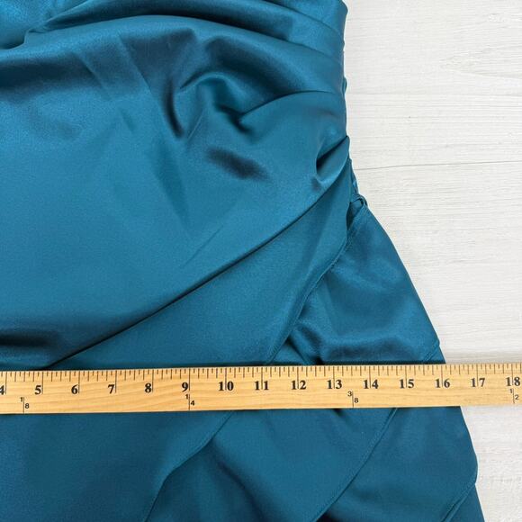 Xscape Strapless Mini Dress Size 4 Teal Satin Drape Wrap Cocktail Homecoming - Picture 15 of 16